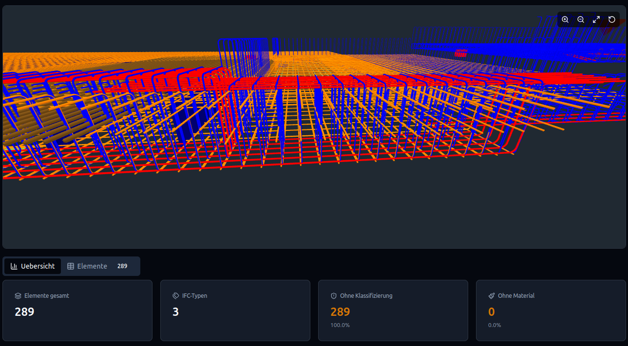 3D-Viewer mit Compliance-Heatmap — bestandene Elemente transparent, fehlerhafte rot