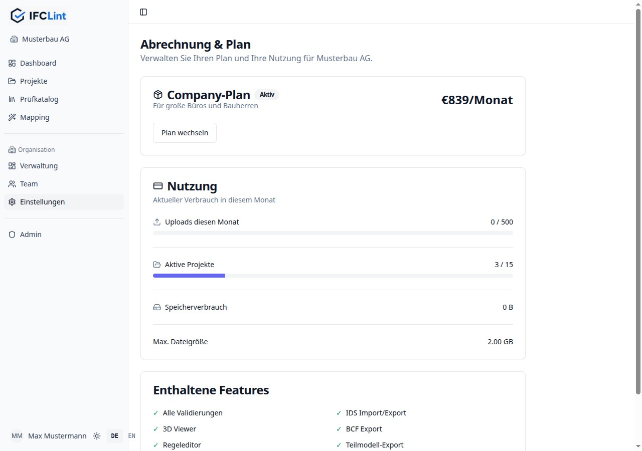 Abrechnung & Plan: Company-Plan aktiv mit Preis, Nutzungs-Karte und enthaltenen Features