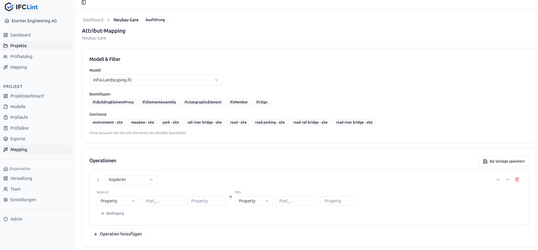 Der Mapping-Editor mit Modell-und-Filter-Bereich und einer Liste von Operationen