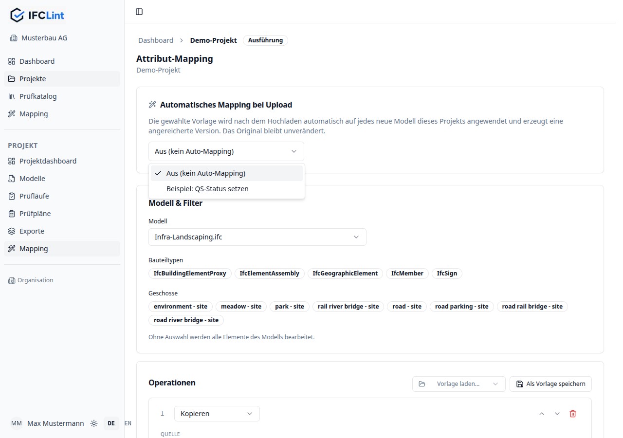 Card »Automatisches Mapping bei Upload« mit geöffneter Vorlagen-Auswahl (»Aus« oder eine gespeicherte Vorlage)
