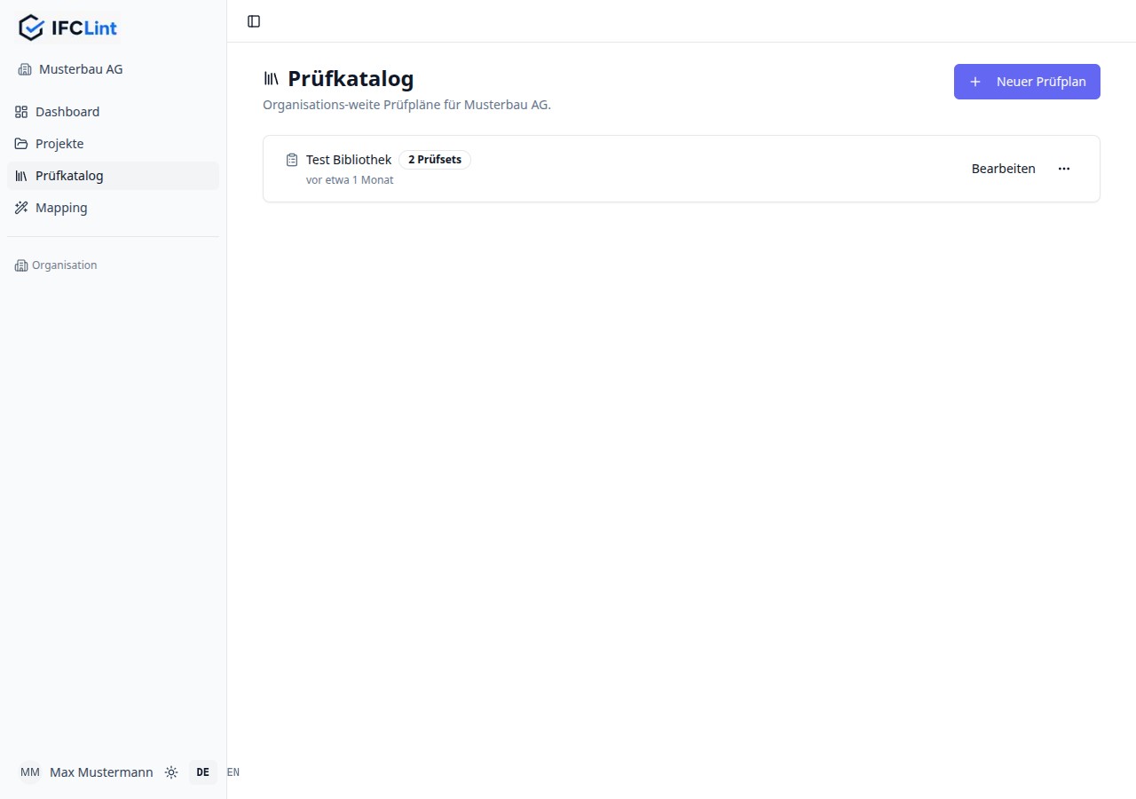 Bibliothek-Übersicht mit org-weiten Prüfplänen und dem Button Neuer Prüfplan oben rechts