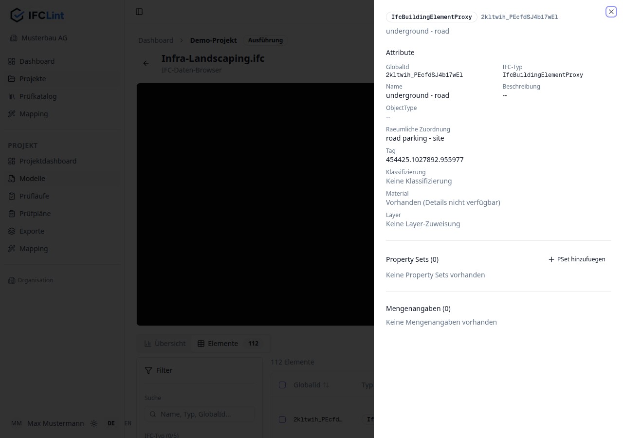Element-Detailpanel mit Attributen (GlobalId, IFC-Typ, Name, Räumliche Zuordnung) und den Property Sets