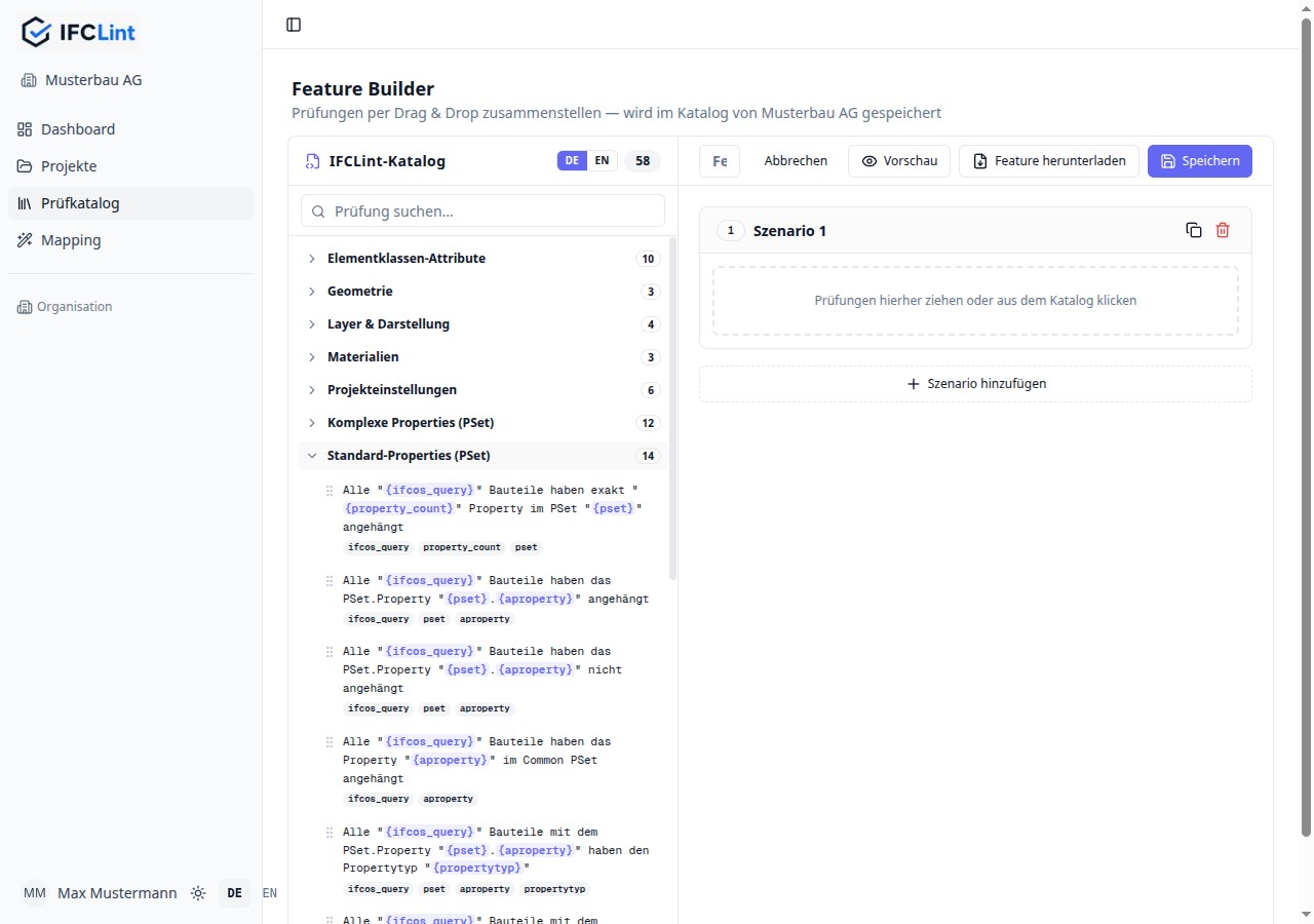 Visueller Feature Builder mit Regelliste und Gherkin-Vorschau
