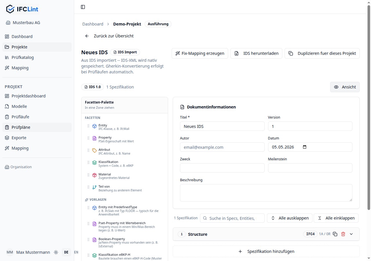IDS-Builder mit Facetten-Palette links (Entity, Property, Attribut, Klassifikation, Material, Teil von) und Dokumentinformationen rechts