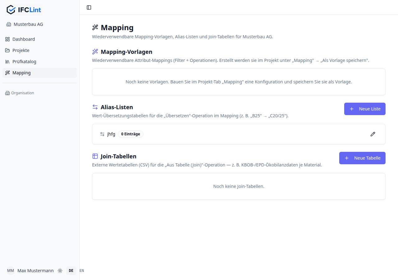 Org-Mapping-Seite mit Mapping-Vorlagen, Alias-Listen und Join-Tabellen (CSV)