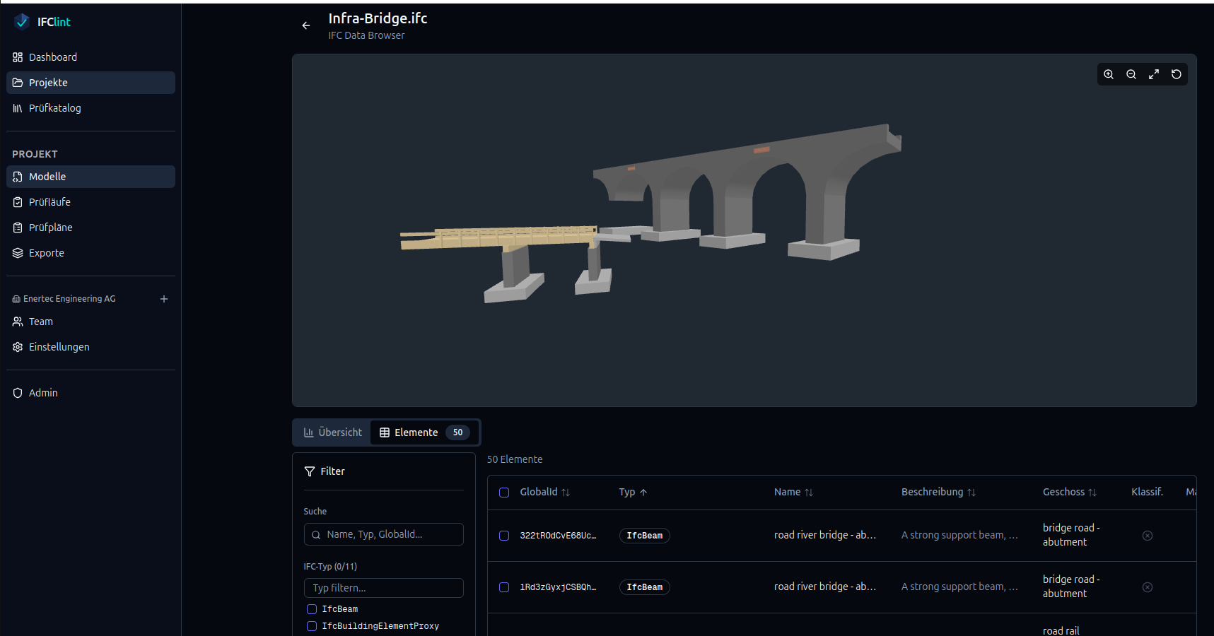 IFC Data Browser mit Elementtabelle und 3D-Ansicht