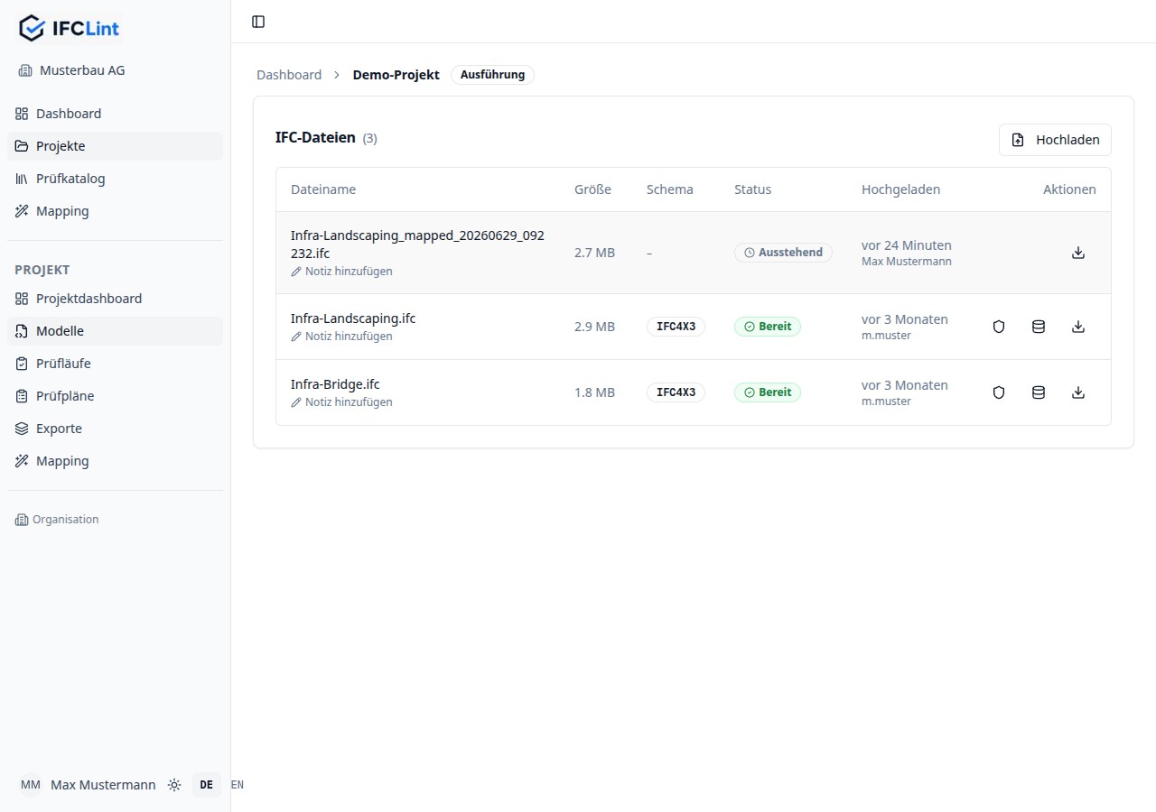 Tab Modelle mit IFC-Dateiliste: Dateiname, Größe, Schema, Status und Hochladen-Button
