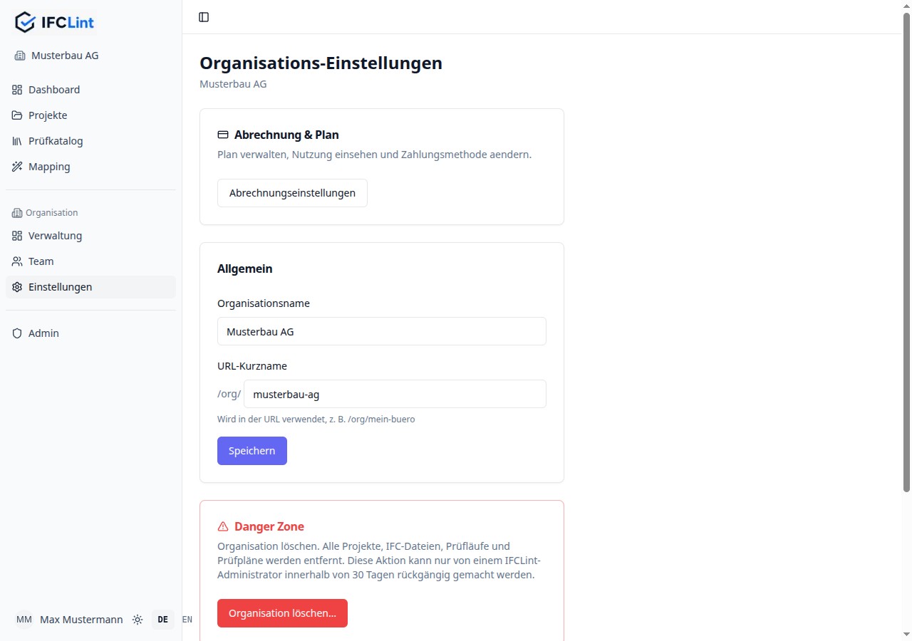 Organisations-Einstellungen mit Karte »Allgemein« (Organisationsname, URL-Kurzname) und Danger Zone