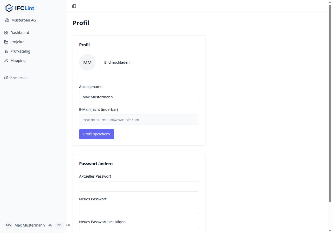 Profil-Seite mit Karte »Profil« (Avatar, Anzeigename, E-Mail) und darunter »Passwort ändern«
