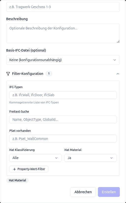 Konfiguration eines Teilmodell-Exports mit Filterfeldern