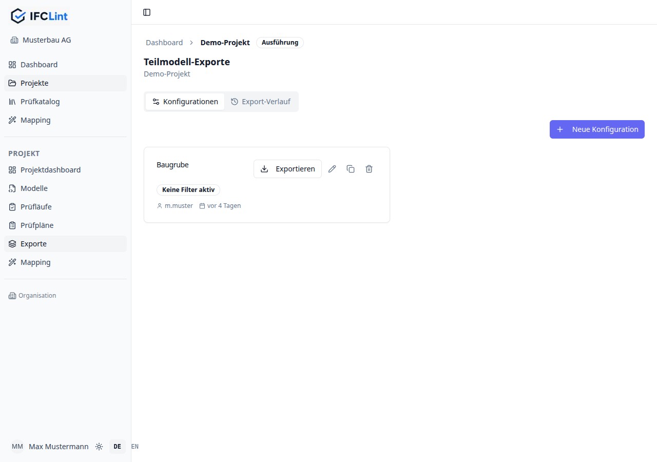 Tab Teilmodell-Exporte mit gespeicherter Konfiguration, Exportieren-Button und Tabs Konfigurationen / Export-Verlauf